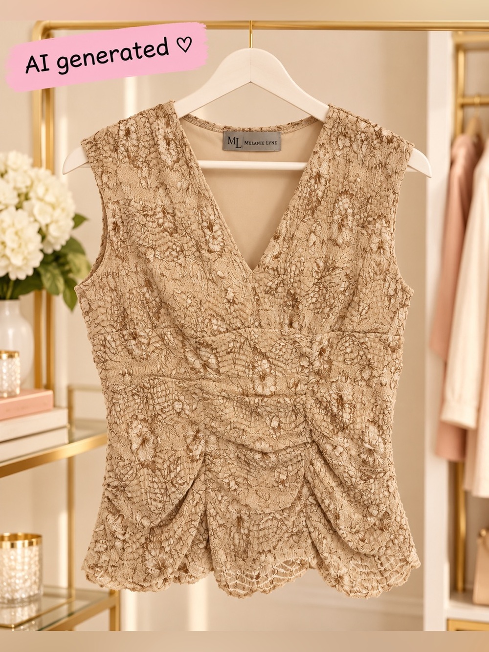 Melanie Lyne Beige Lace Textured Sleeveless Top | Ruched V-Neck | XL